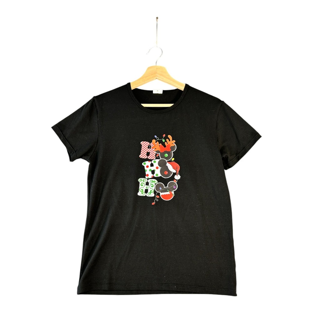 Kids Black Christmas T‎ Shirt Ho Ho Ho Mickey Mouse Holiday Graphic Tee Size M